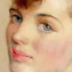 Close-up of a woman's face with red hair and blue eyes, painted in a realistic style.