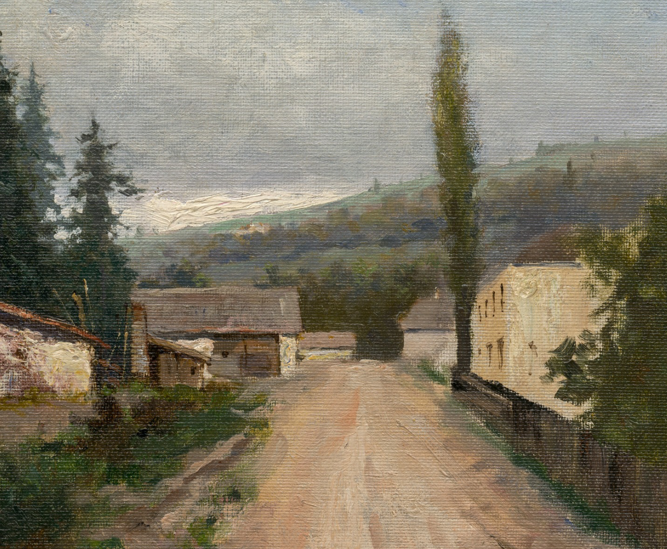 Painting of a village scene with a dirt road, framed by decorative lace