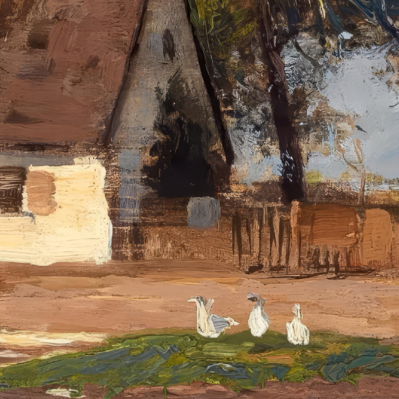 Painting of a rustic building with trees and birds in a natural setting