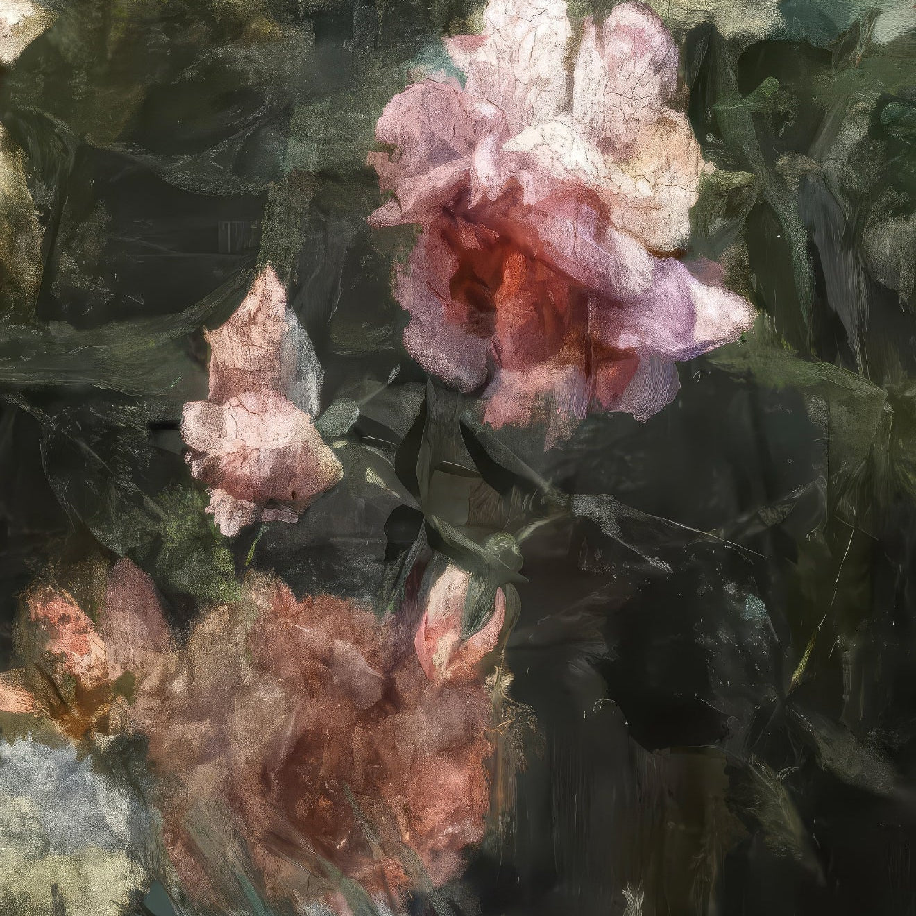 Close-up of a painting of flowers with a butterfly.