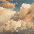A digital print of a painting featuring a dynamic portrayal of clouds in a sky, predominantly in shades of white, yellow, and blue.