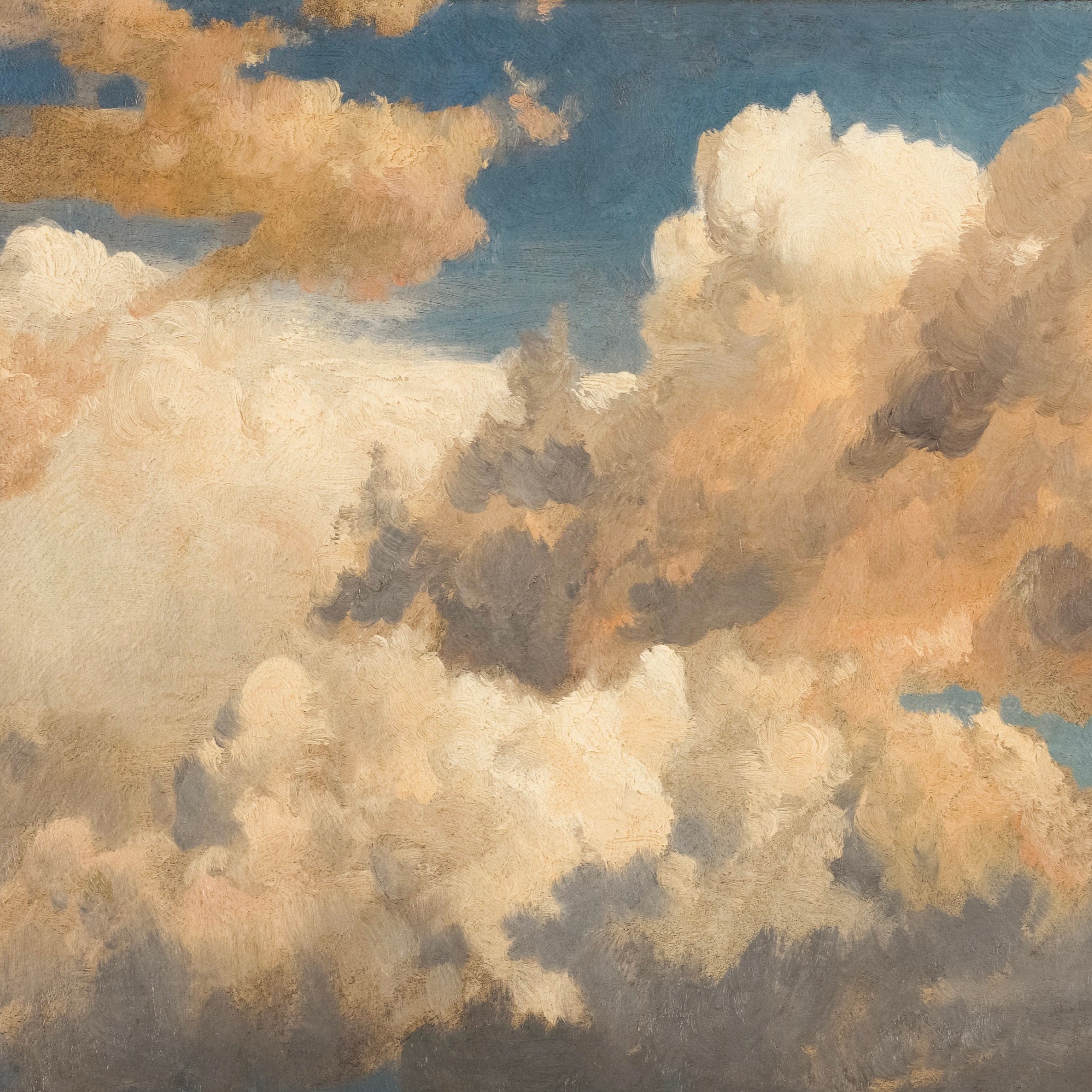 A digital print of a painting featuring a dynamic portrayal of clouds in a sky, predominantly in shades of white, yellow, and blue.