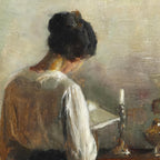 Painting of a woman at a piano with a soft, warm color palette.