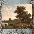Landscape painting with a large tree, grazing animals, and a person on a path, framed by decorative elements.