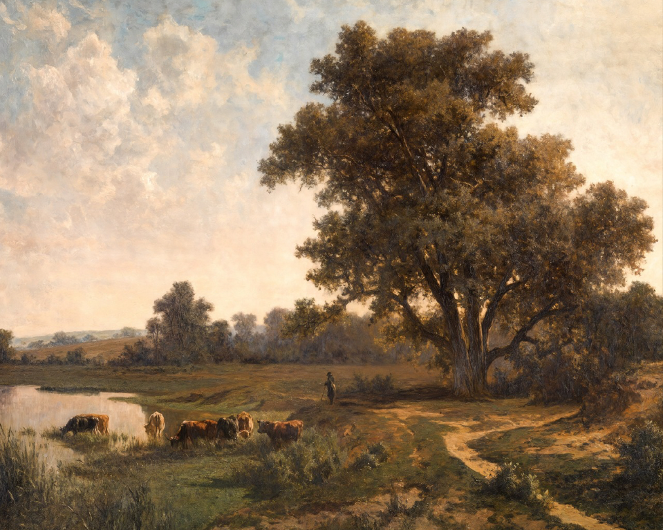 Landscape painting with a large tree, grazing animals, and a person on a path, framed by decorative elements.