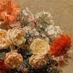 Detailed floral arrangement with a focus on orange and red flowers against a textured beige background.