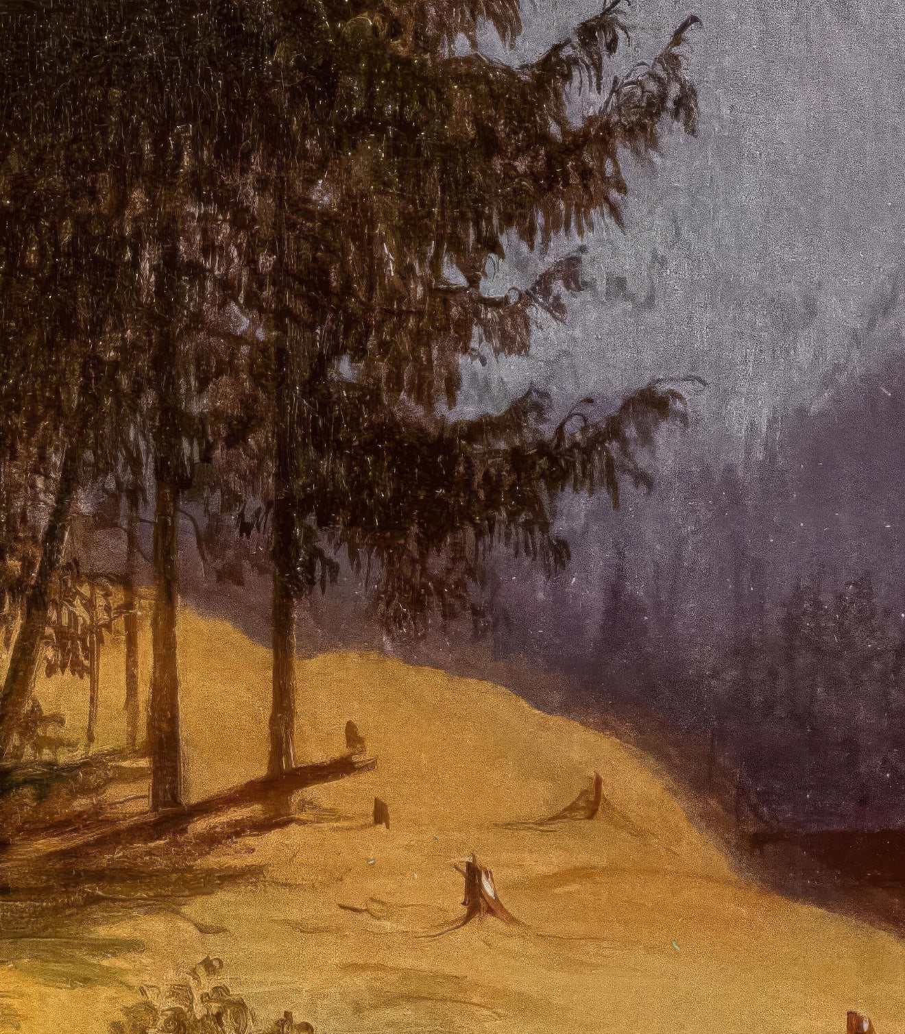 Painting of a forest path with trees and a starry sky