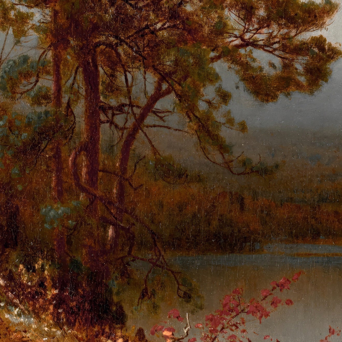 Painting of a landscape with trees and a body of water