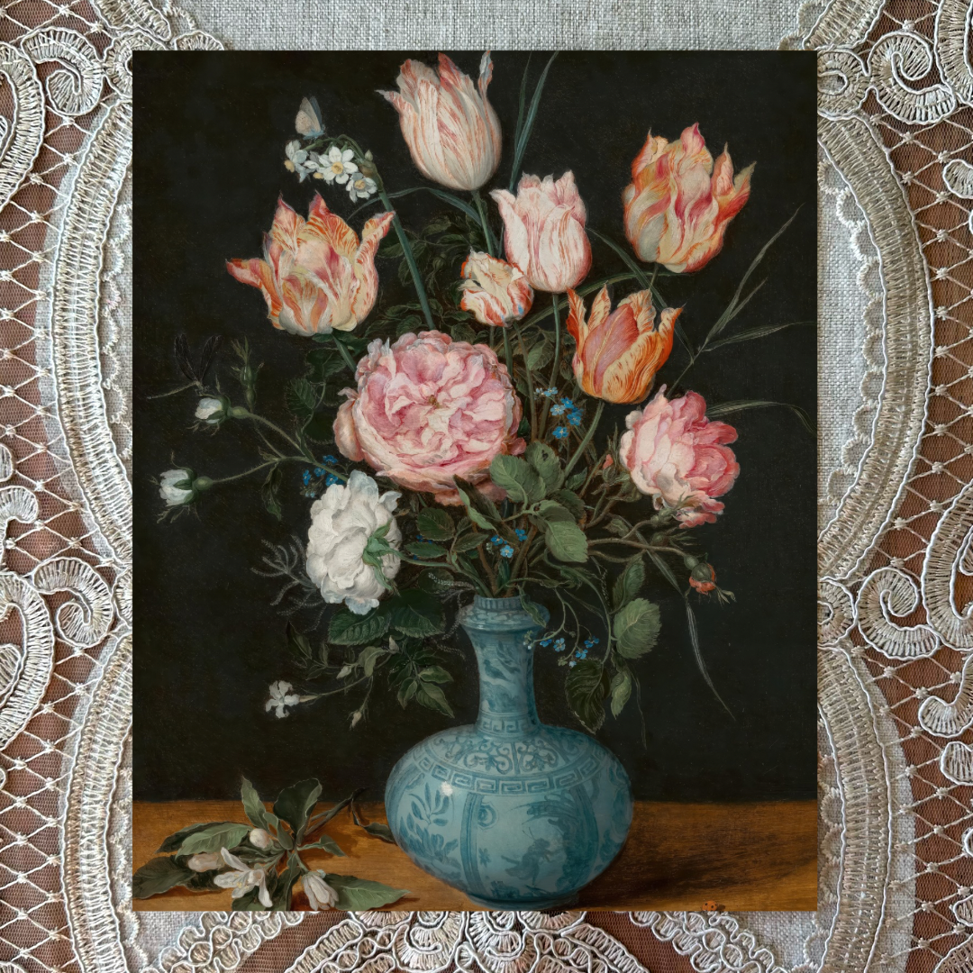 Tulips & Peonies in a Blue Vase
