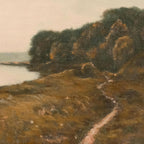 Painting of a coastal landscape with cliffs and a path.