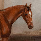 Painting of a brown horse with a white stripe on its face, standing in a stable.