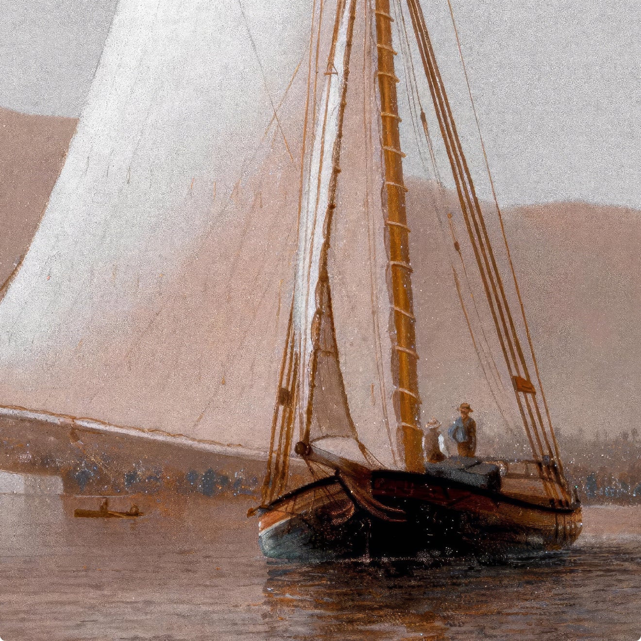 Sailing boat with white sails on a gray background