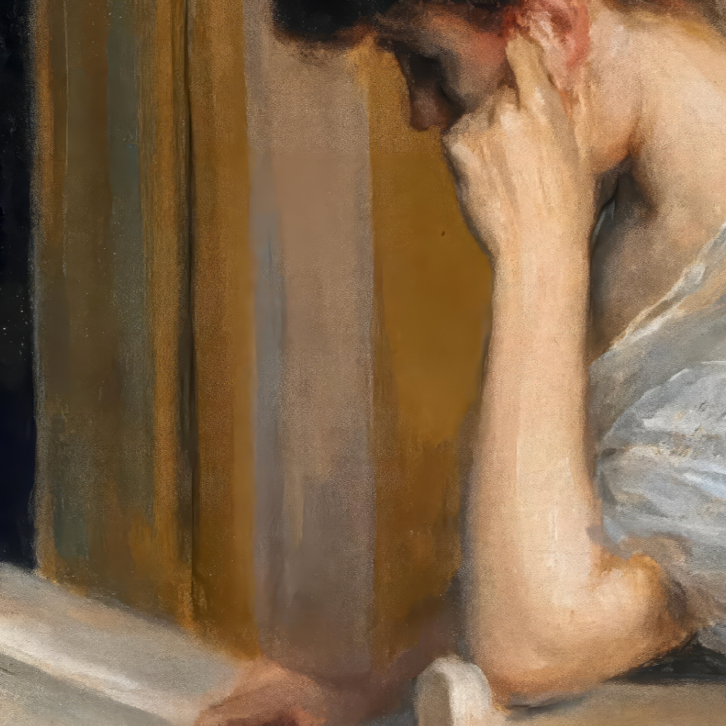 Woman in a gray dress reading a book in a room with wooden furniture.