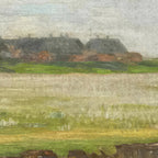 Painting of a landscape with fields and distant buildings