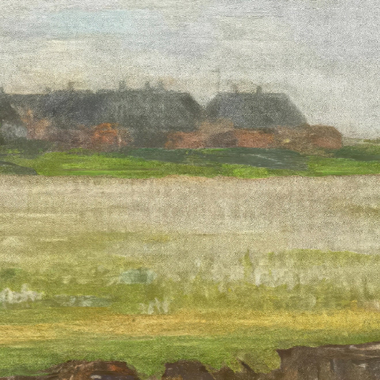 Painting of a landscape with fields and distant buildings
