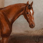 Painting of a brown horse with a white stripe on its face, standing in a stable.