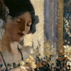 Woman arranging flowers with a detailed background