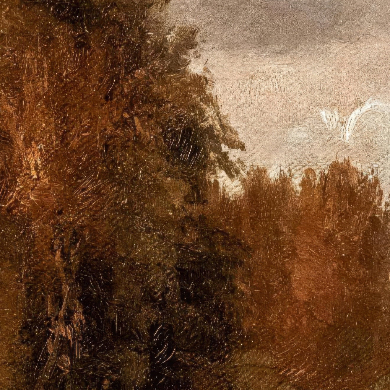 Artistic depiction of a forest with trees and a sky in brown and beige tones.