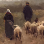 Painting of a shepherd and shepherdess walking with sheep in a landscape