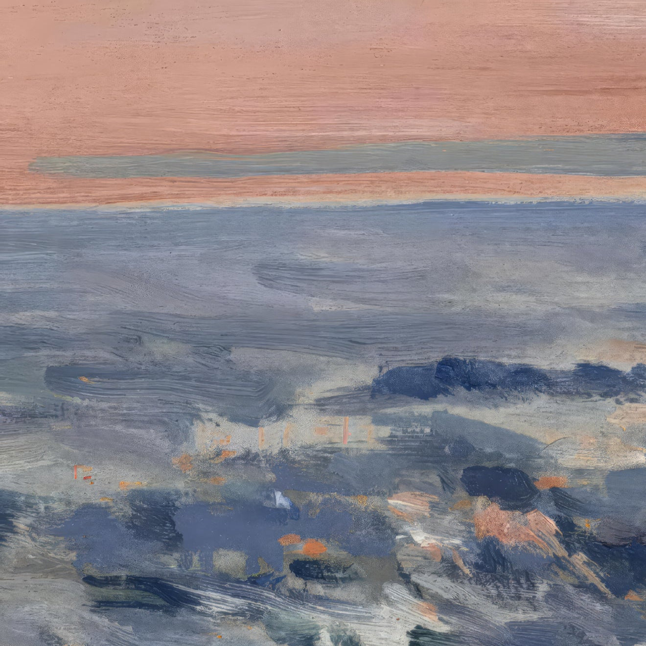 Abstract painting with horizontal brush strokes in shades of blue, gray, and pink.