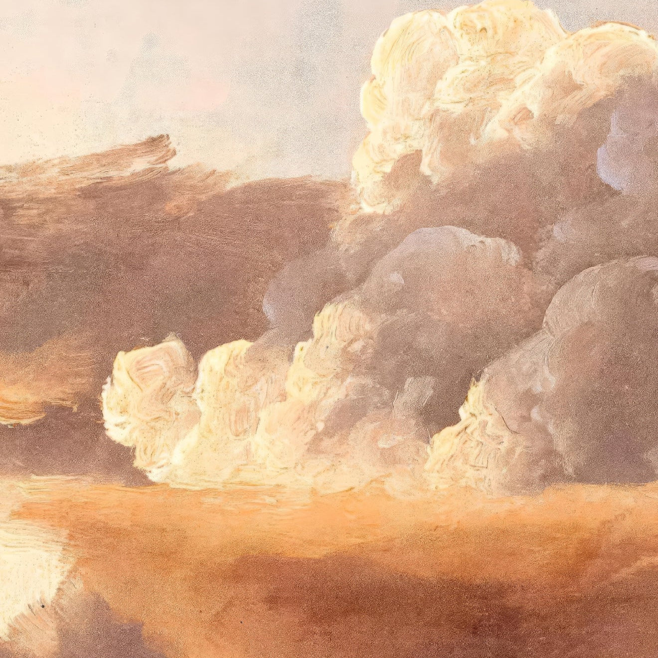 Close-up of a landscape with clouds and a log, possibly from a painting.