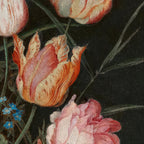 Close-up of pink and orange tulips with green leaves on a black background