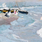 Artistic depiction of a beach scene with boats and people, featuring abstract brushstrokes.