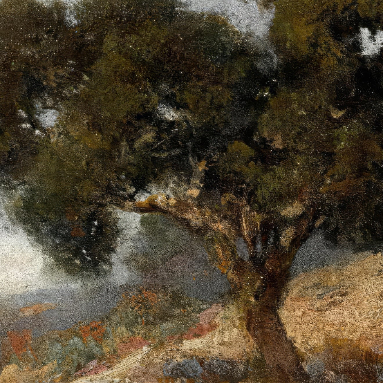 Artistic depiction of a tree with a landscape background