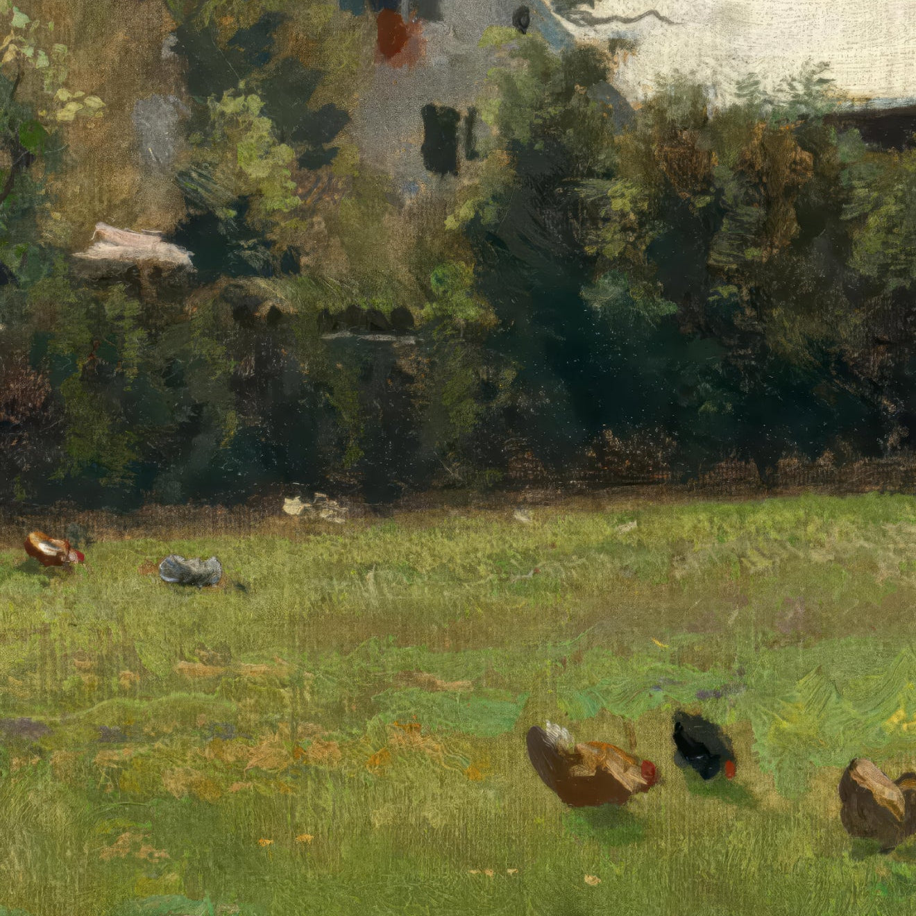 Painting of a house with chickens in a field