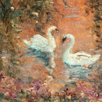 Two swans in a pond with a textured brown background