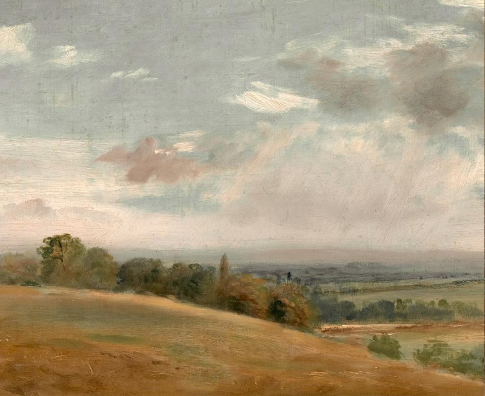 Landscape painting with a textured border and lace overlay