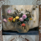 Still life painting of flowers in a vase on a textured surface with lace trim.