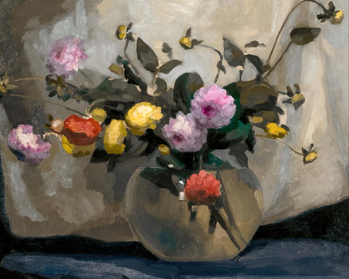 Still life painting of flowers in a vase on a textured surface with lace trim.