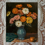 Still life painting of a blue vase with colorful flowers on a textured surface.
