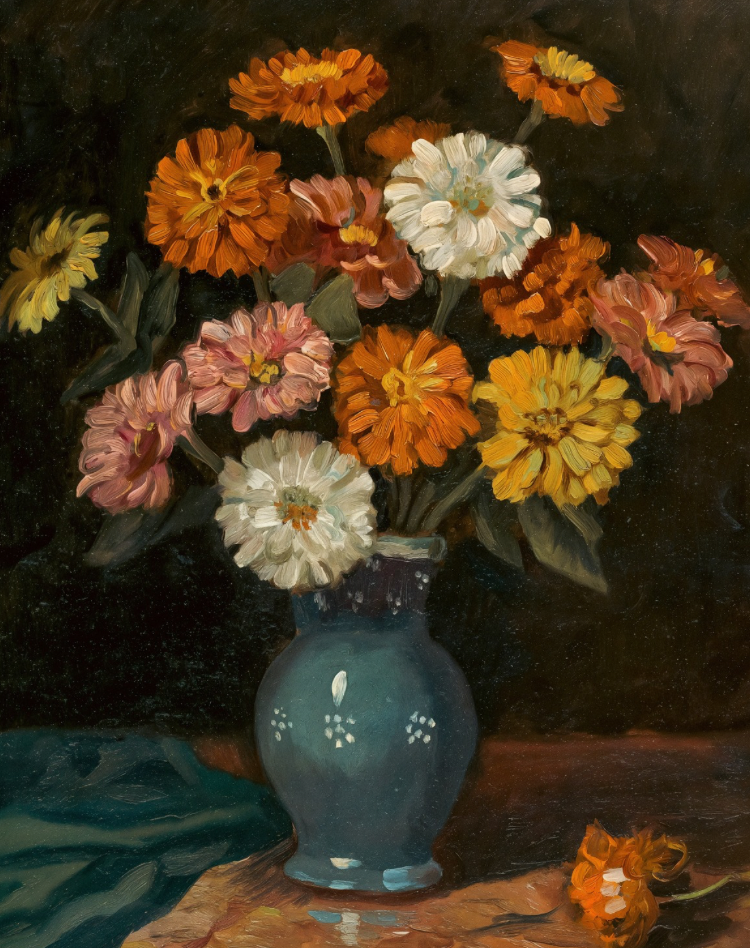 Still life painting of a blue vase with colorful flowers on a textured surface.