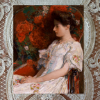 Painting of a woman in a floral dress with a decorative frame