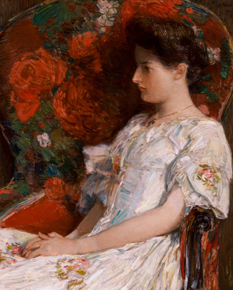 Painting of a woman in a floral dress with a decorative frame