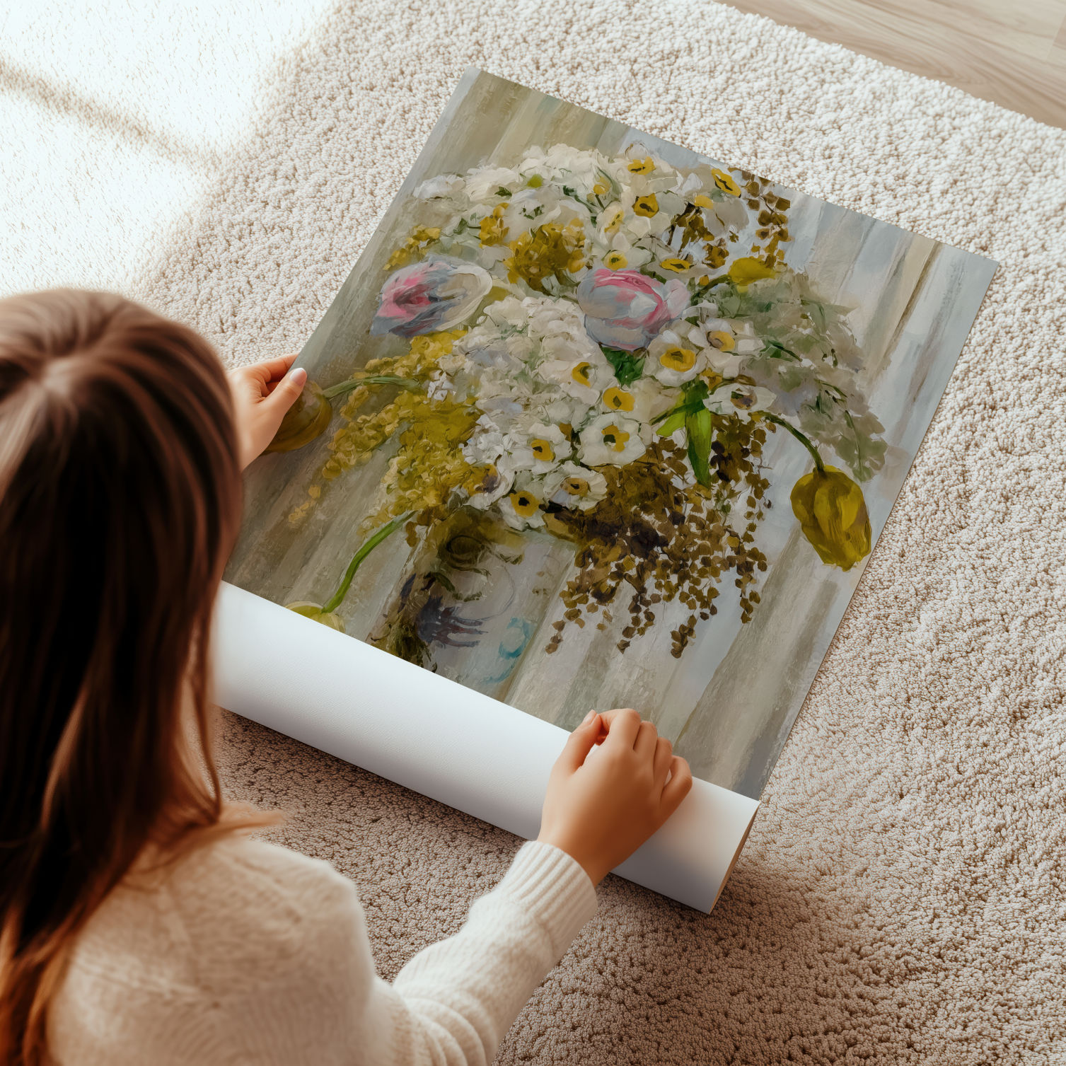 Person unrolling a floral painting on a carpeted floor