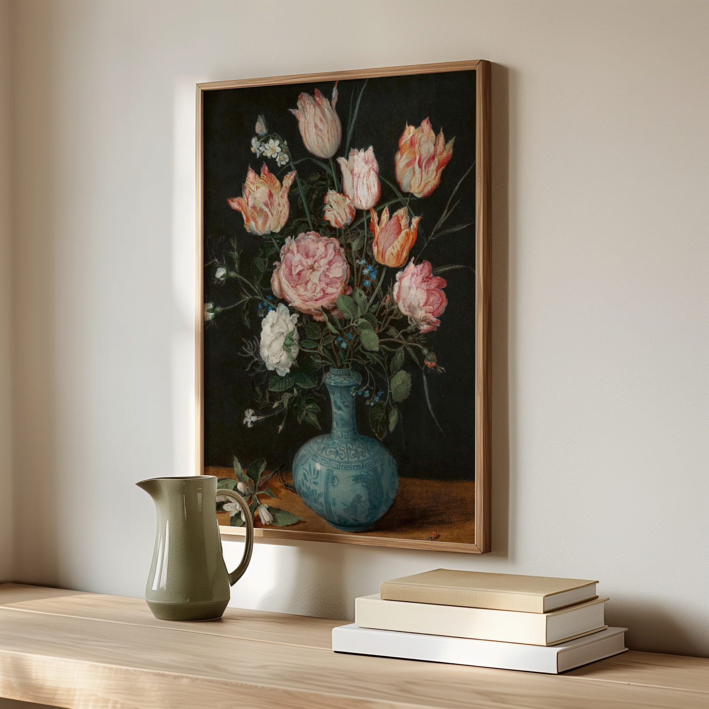 Tulips & Peonies in a Blue Vase