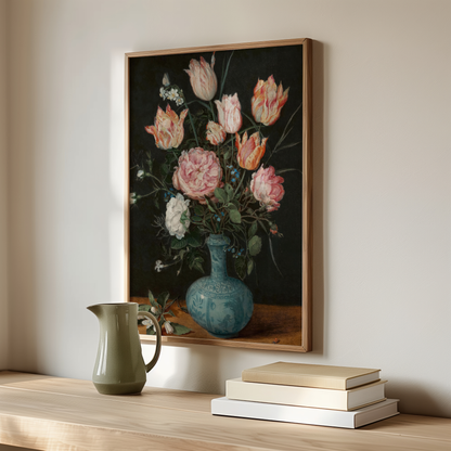 Tulips & Peonies in a Blue Vase