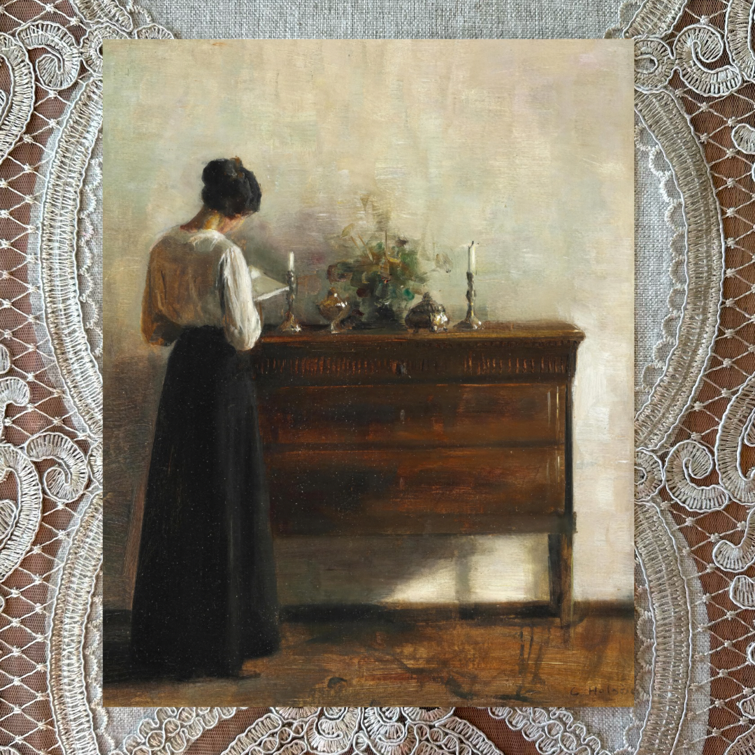 woman reading vintage wall art print on textured cotton paper